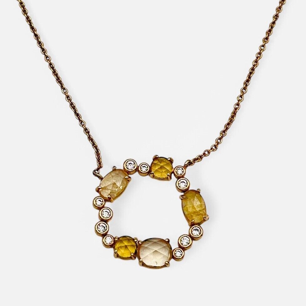 Tai Necklace Circle Wreath Pendant Yellow Green Clear Rhinestones Gold Chain O